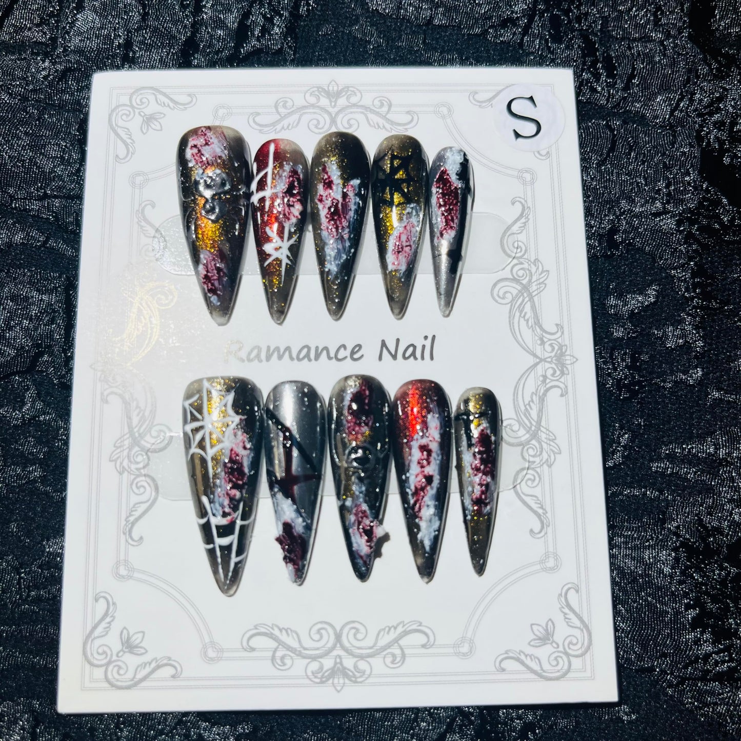 Press on Nails Handmade Nails 10Pcs Gothic Style Manual Nail Art Dark Fake Nails for Women Party Holiday Photo 3.0CM Size S