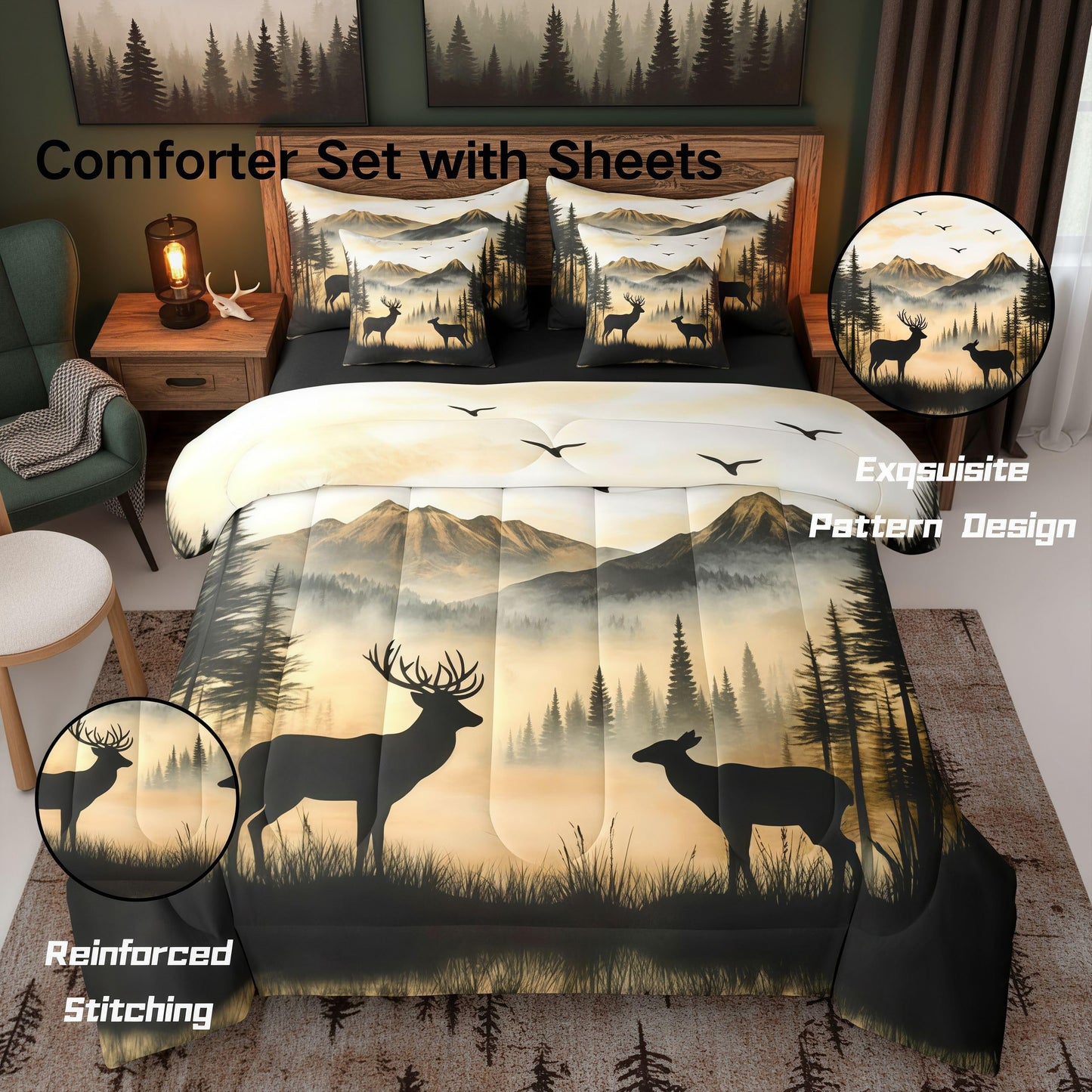 jejeloiu Western Rustic Cute Deer Cabin Comforter Set Queen with Sheets for Kids Boys Girls Hunting 7 Pieces Bedding Set Country Farmhouse Bed in a Bag Foggy Mountain Room Decor