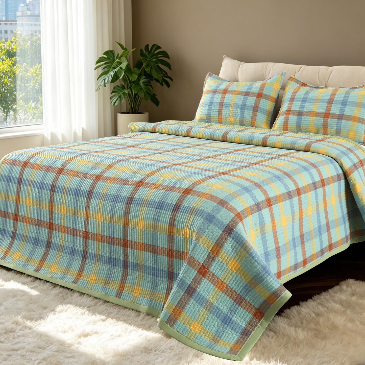 Yonvdns 3 Pieces 100% Cotton Quilt Set Twin Size,Hypoallergenic for Sensitive Skin,Lightweight All Season Coverlet Set, No Clumping After Wash,Anti-Static(Green Checkered, 90"x78")