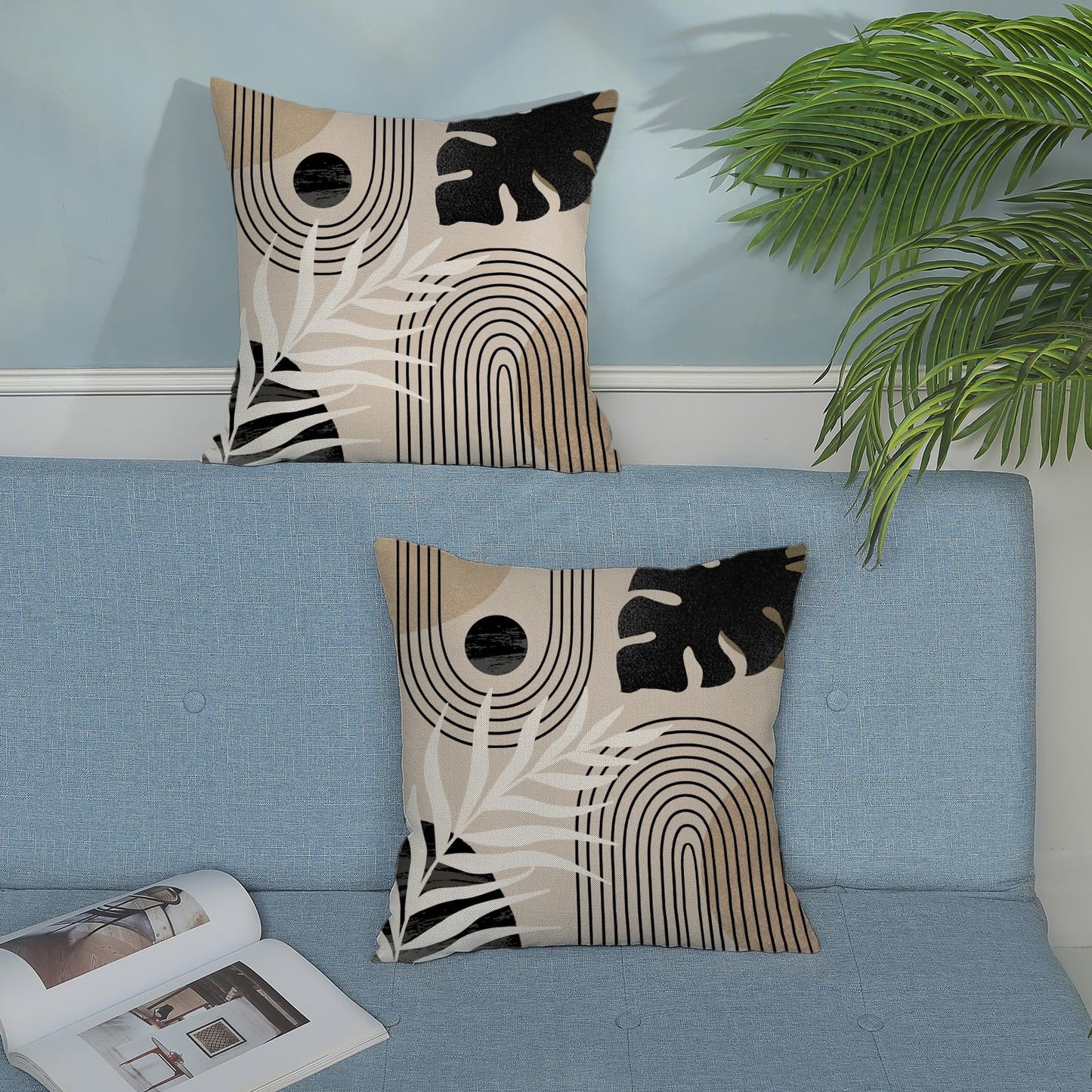 JEFERSO Boho Pillow Covers 18x18 Set of 2 Mid Century Black Beige Tropical Leaf Throw Pillow Covers Outdoor Decor Modern Abstract Decorative Pillow Cases Farmhouse Linen Cushion Case for Couch Sofa