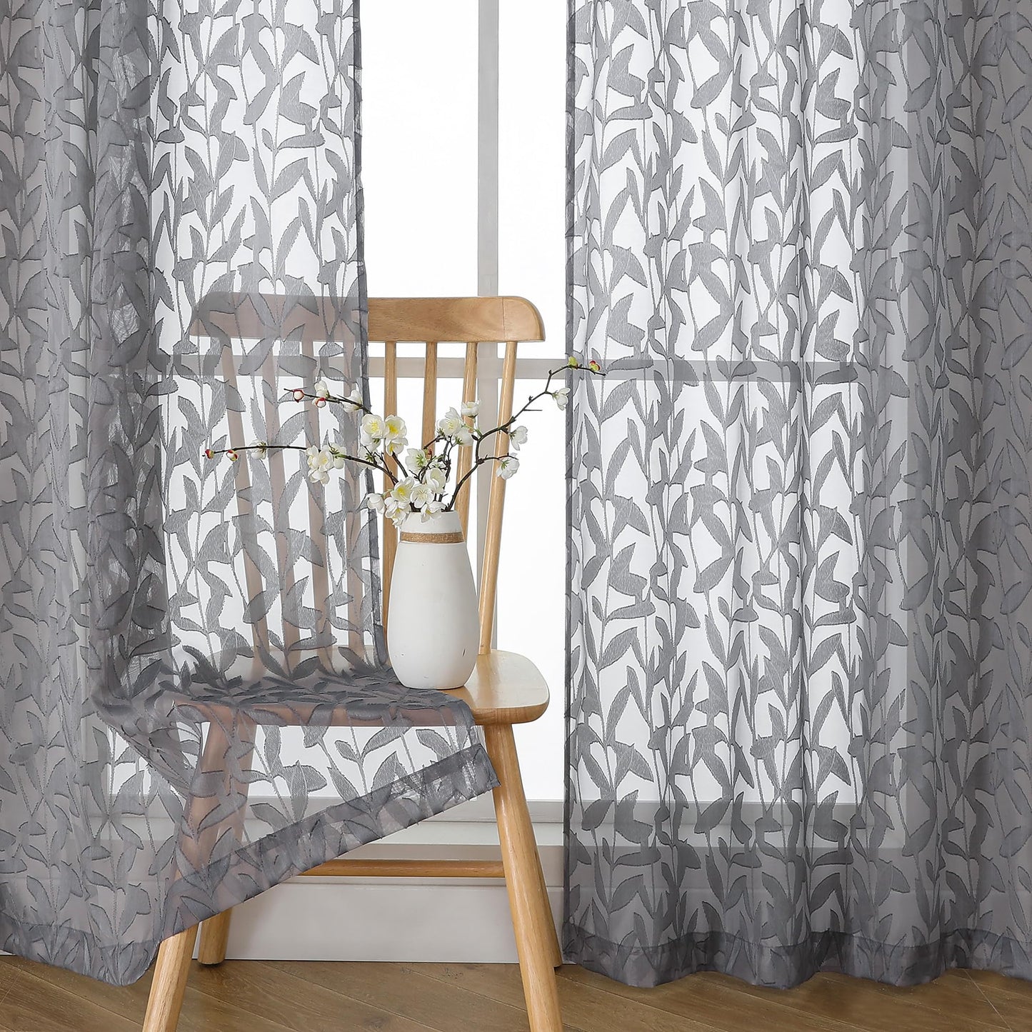 OWENIE Leyna Charcoal Gray Sheer Curtains 84 Inches Long for Living Room Bedroom 2 Panels Set, Modern Clip Jacquard Leaves Textured Light Filtering Curtains, Double Rod Pockets Drapes, 40Wx84L Inch