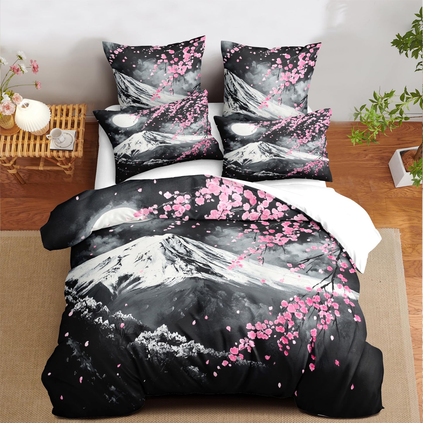 CCoutueChen Japanese Cherry Blossom Comforter Set Queen Grey Pink Floral Bedding Set for Japan Decor Mount Fuji Bedding Soft Lightweight Comforter Sets with 2 Pillowcases