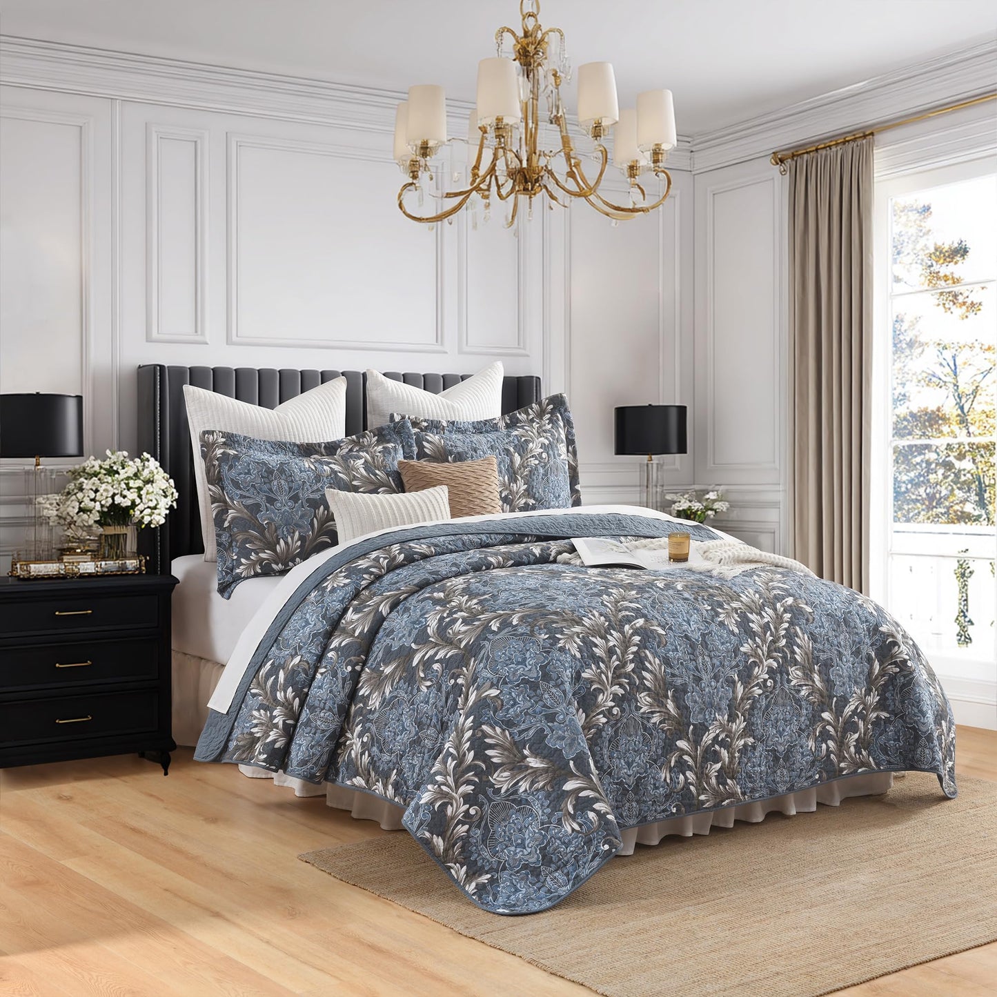 BCOTTOND King Size Quilt Set - Blue Gray and White Quilt Set King, 100% Cotton Floral Bedspread Set 3 Piece, Traditional Elegant Lightweight Comforter, Reversible Quilt Bedding Set for All Season