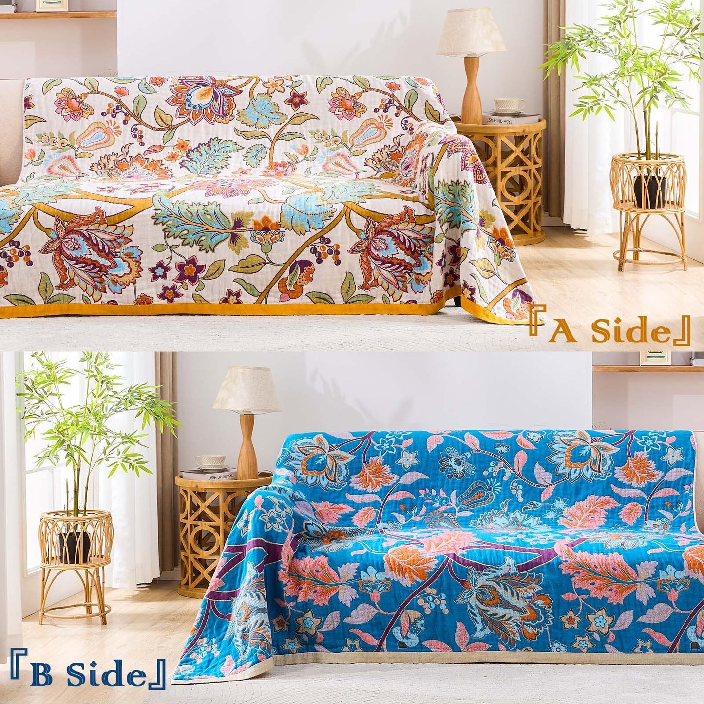 XIBLC Boho Throw Blanket for Bed, 100% Cotton Soft Rustic Quilt Fall Blanket, 60"x80" Floral Printed Farmhouse Decor Bed Blankets, All Season Rustic Reversible Bohemian Throw Quilt