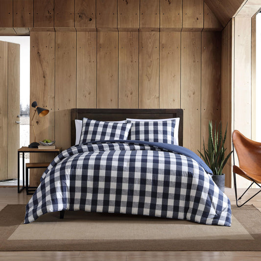 Eddie Bauer - Queen Comforter Set with Shams, Cotton Reversible Bedding, Medium Weight All-Season, Lakehouse Plaid Blue