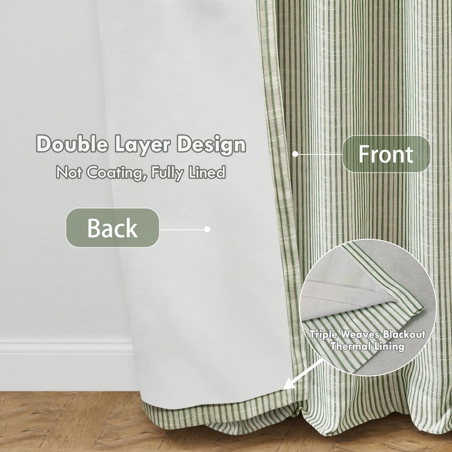 DriftAway 100% Blackout Linen Ticking Striped Curtains Double Layer Farmhouse Drapes 84 Inches Long for Living Room Bedroom Yarn Dyed Woven Thermal Insulated Rod Pocket Back Tab 2 Panels Loden Green