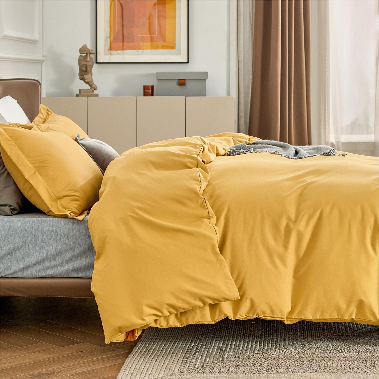 Bedsure Duvet Cover Queen Size - Soft Double Brushed Bedding Set for Kids & Adults, Zipper Closure, 3 Pieces, Includes 1 Duvet Cover (90"x90") & 2 Pillow Shams, NO Comforter, Golden Yellow