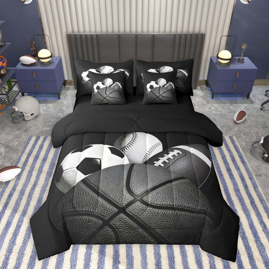 Feelyou Boys Sports Comforter Set Twin Size 7 Pieces Football Baseball Soocer Basketball Bedding Set Kids Black White Bed in a Bag with Sheets, Pillowcases, Cushion Covers Sports Gifts Room Decor Soft