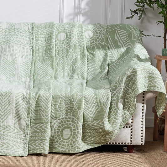 jinchan Boho 100% Cotton Blanket Muslin Lightweight Twin Size Throw Blanket Reversible for Couch Soft Cozy All Season 3-Layer Throw Coverlet Blanket for Bedroom Living Room Decor Green 60x80 Inches