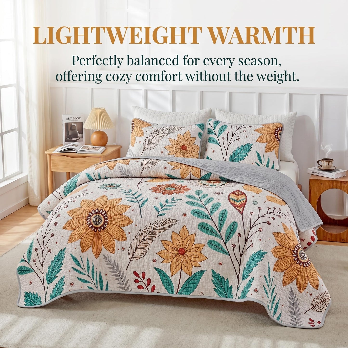 SANOCAY Boho Floral Quilt Set Full Size, 3 Piece Lightweight Summer Bedding Set with 2 Pillow Shams, Soft Reversible Microfiber Bedspread, Farmhouse Coverlet for All Season (Sunflower, Full)
