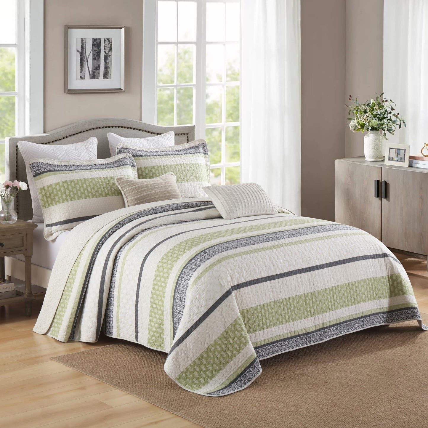 Homzard King Size Quilt,Cotton King Size Bedding Comforter Set,Sage Green Beige Grey Bedspread Set,Striped Bed Set Coverlet Lightweight Farmhouse Home Decor 3 Piece