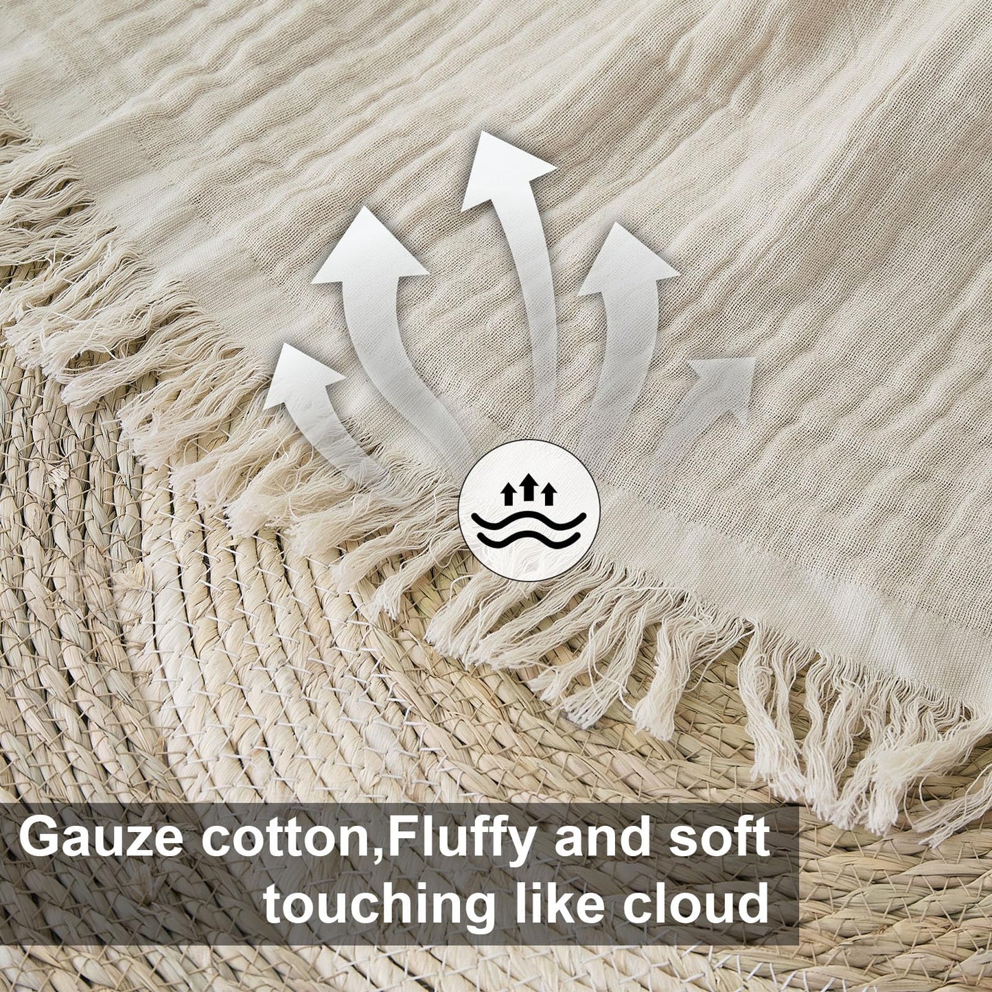 Yoenillo Cotton Muslin Throw Blanket with Tassels, Lightweight Woven Gauze, Pre-Washed Breathable Farmhouse Decor for Bed, Couch, All-Season Use (Beige, 50" x 60")