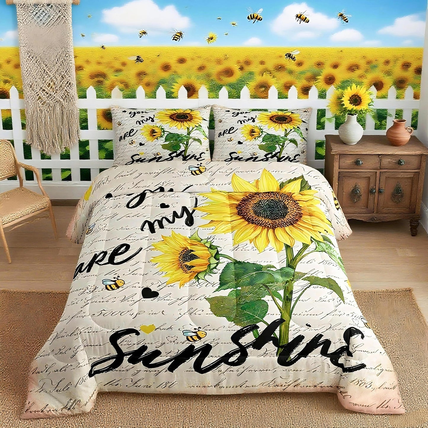 Sunflower Bedding Set Twin Size,Black Sketch Sunshine Graffiti Comforter Set 2pcs for Kids Teens Adults Home Room Decor,Rustic Farmhouse Bee Quilt Set Nature Plants Animals Duvet Insert
