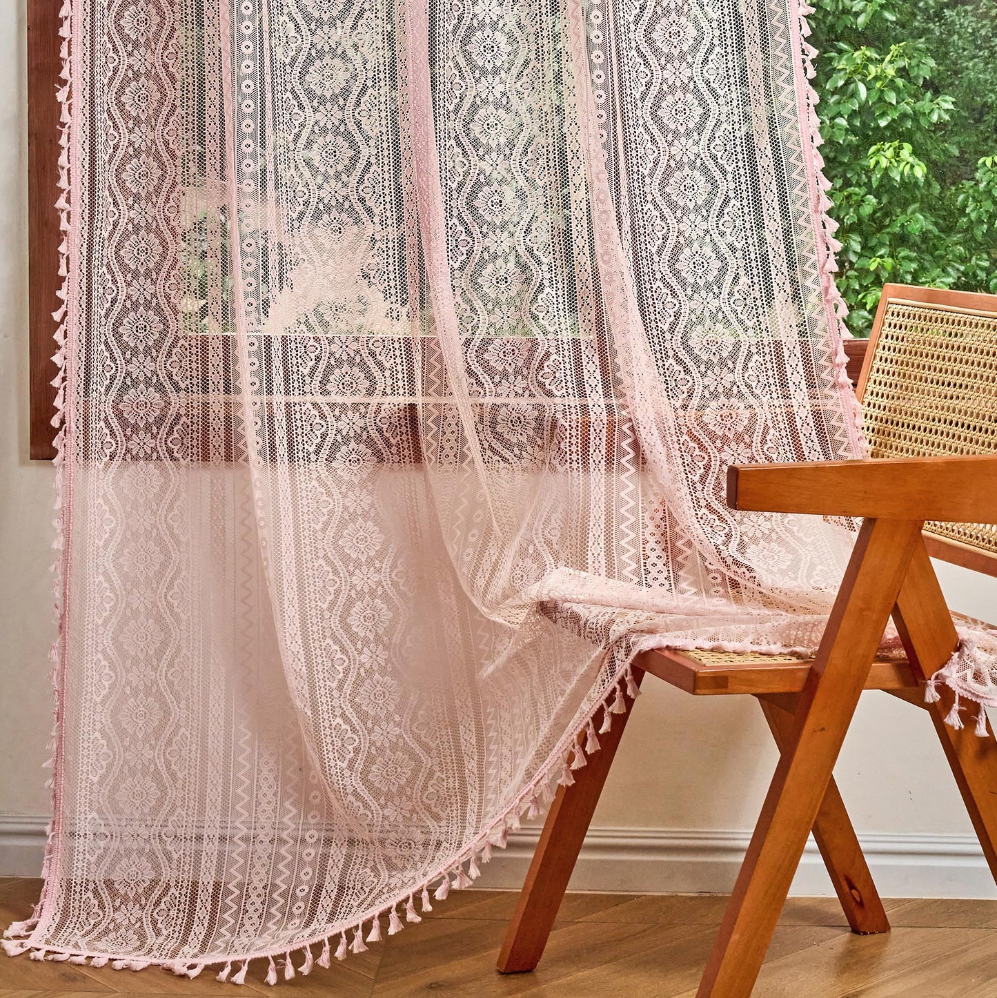 MYSKY HOME Pink Sheer Lace Curtains 2 Panels 90 inch Length for Girls Room Nursery Boho Vintage Floral Crochet Pattern Privacy Rod Pocket Tassels Small Windows Curtains, Wide 55 inch, 2 PCs
