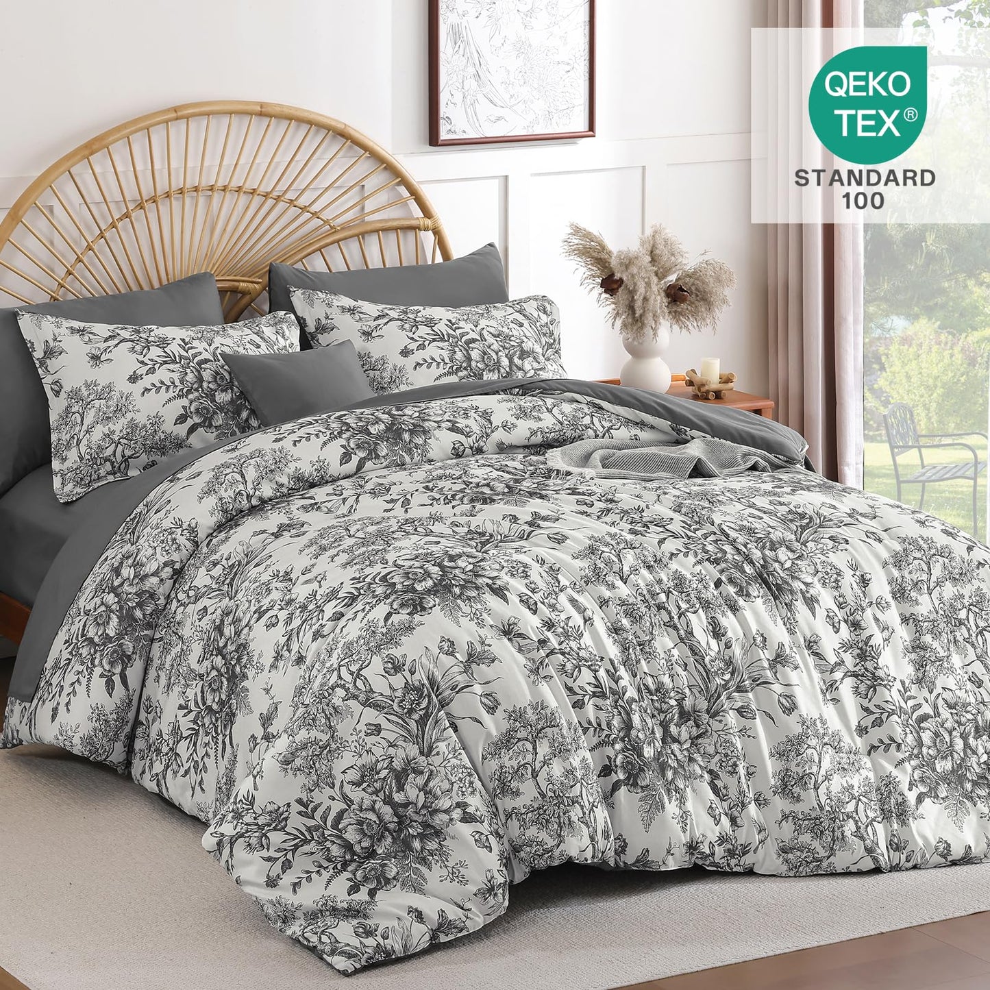 Dinjoy Queen Comforter Set - 8 Pieces Floral Comforter Set Black and White, Bed in a Bag Queen with Botanical Print, Winter Soft Comforter Bedding Set with Sheets (Comforter 90"x90")