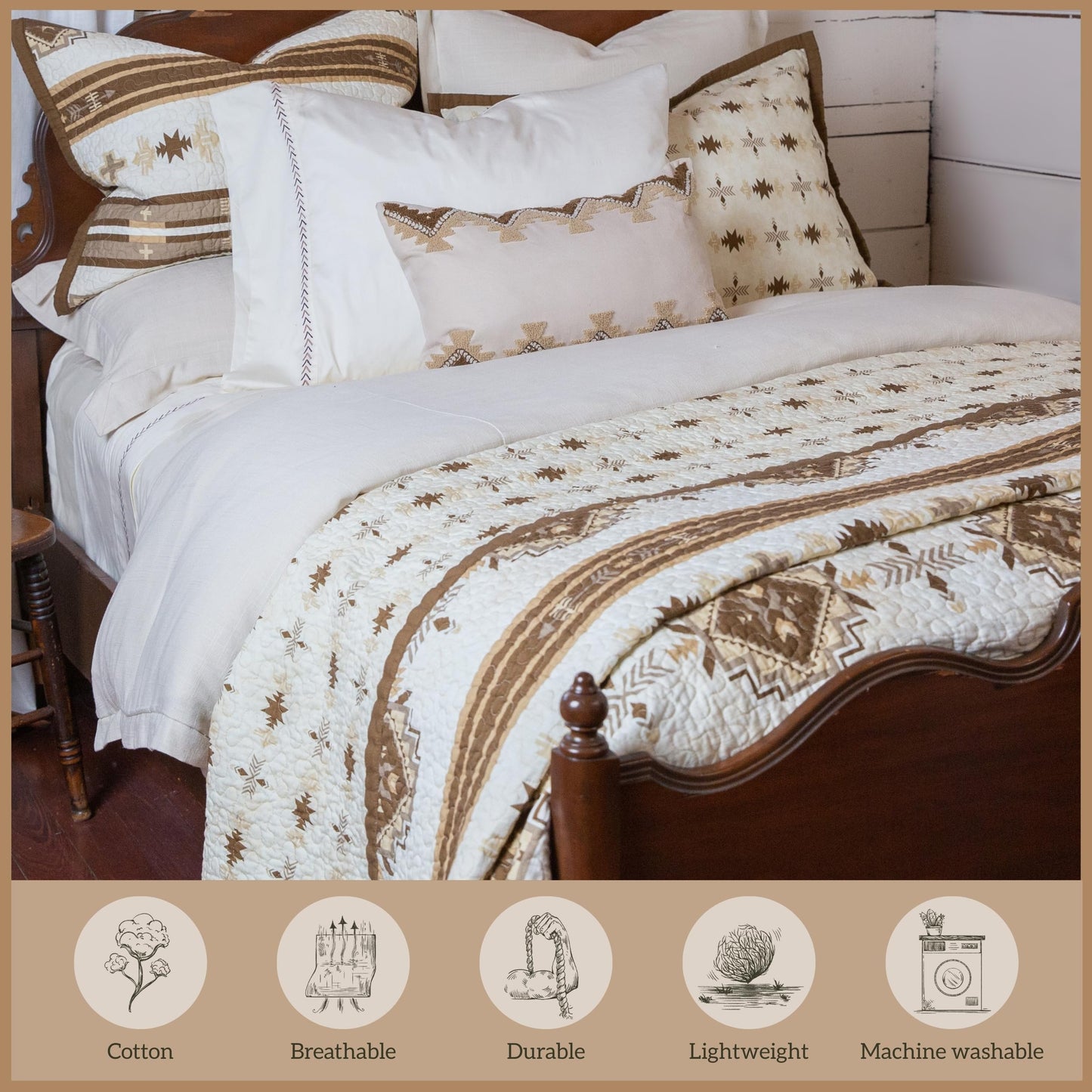 Paseo Road Dakota Queen Quilt Set, 3 Piece Rustic Western Bedding Set with Pillow Sham, Lightweight Reversible Cotton Quilt with Southwestern Aztec Pattern, Soft Breathable Cozy Boho Bedding