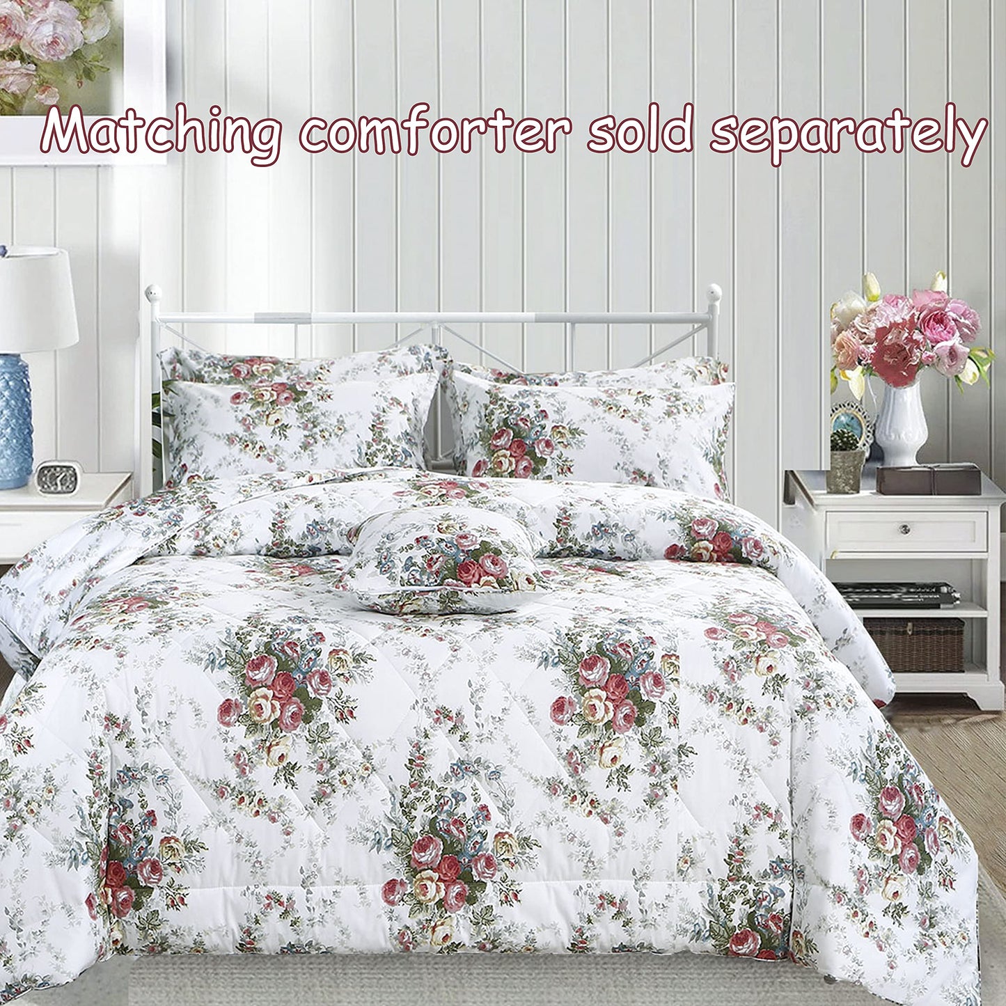 FADFAY Sheet Set Cal King Vintage Rose 100% Cotton Hypoallergenic White and Grey Deep Pocket Fitted Sheet 4-Pieces Cal King