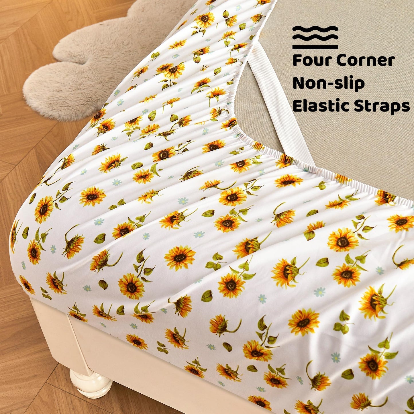 Softan Floral Sheet Set Full, Sunflower Printed Bed Sheets Double, Brushed Microfiber Fitted Sheet with 15" Deep Pocket & Non-Slip Straps, Yellow Flower Pattern Sheet & Pillowcase Sets