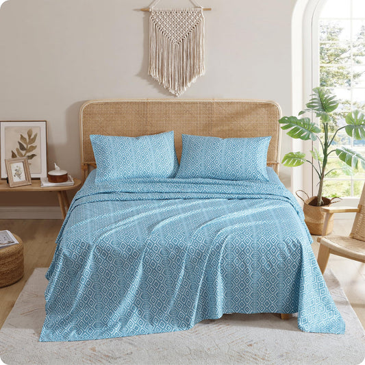 Indigo Ink Queen Size 4-Piece Sheet Set - Fitted & Flat Sheets & Pillowcases, Medium Weight, Soft & Breathable, Durable & Wrinkle Resistant, Deep Pocket Sheets, Tribal Jade Collection Enamel Blue