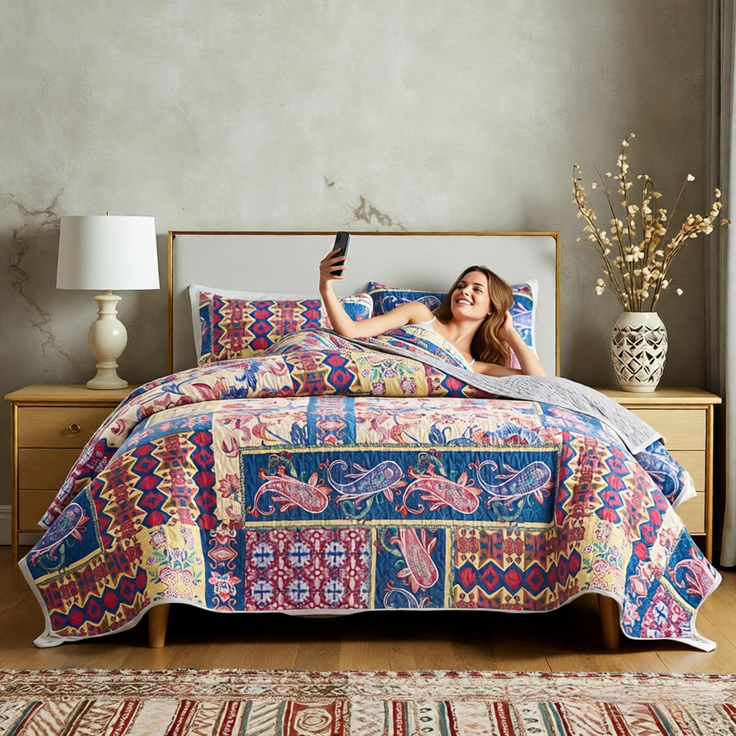 Floral Boho Quilts King Size Bedding Set Purple 3 Pieces Farmhouse Botanical Summer Bedspreads with 2 Shams Soft Reversible Lightweight Breathable Coverlet Set for All Season (Purple Boho, King)