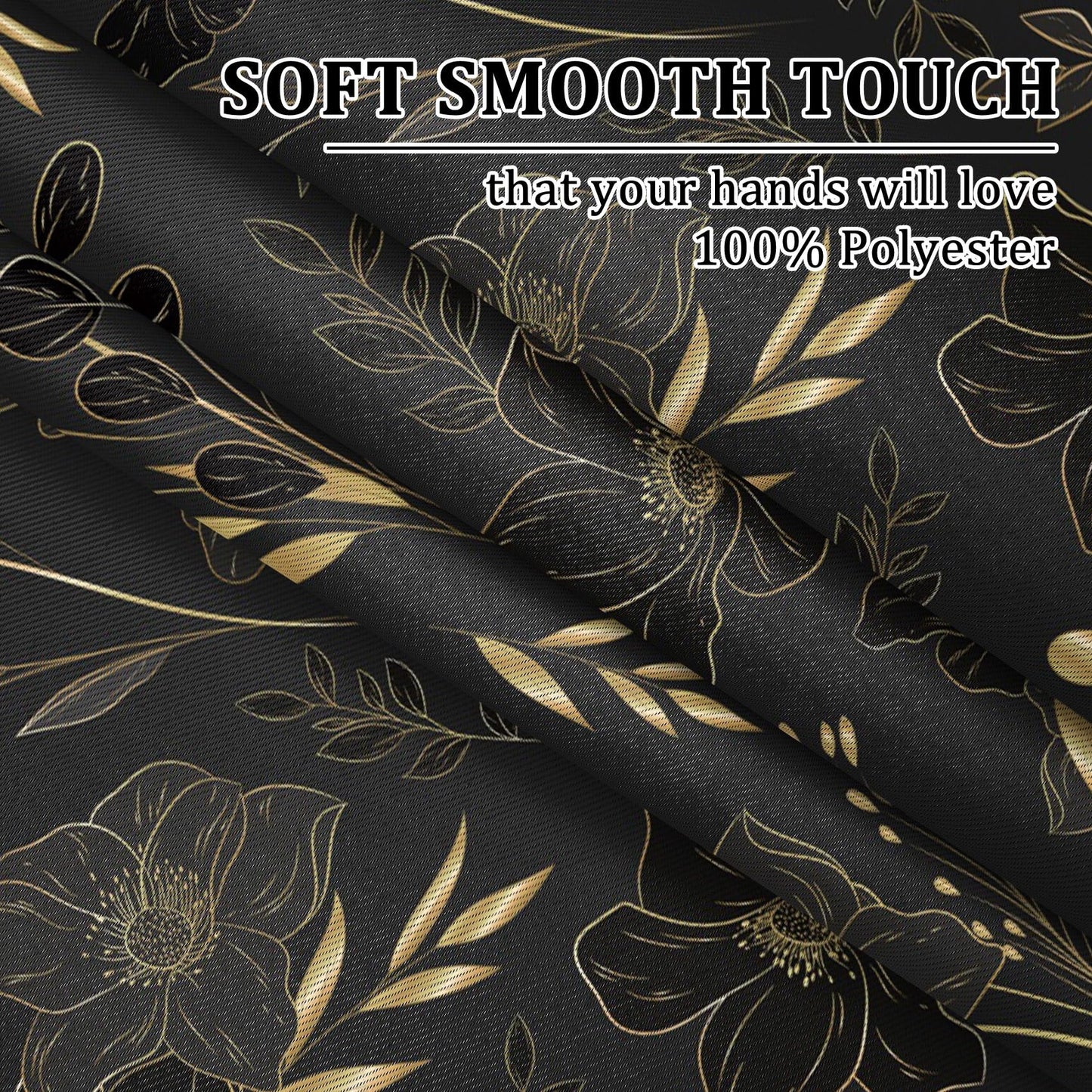 Renaiss 42 x 84 Inch Black Gold Floral Blackout Curtains for Bedroom Printed Gold Stroke Flower Curtains French Country Grommet Window Treatment Curtain Farmhouse Drapes Black Liner 2 Panels