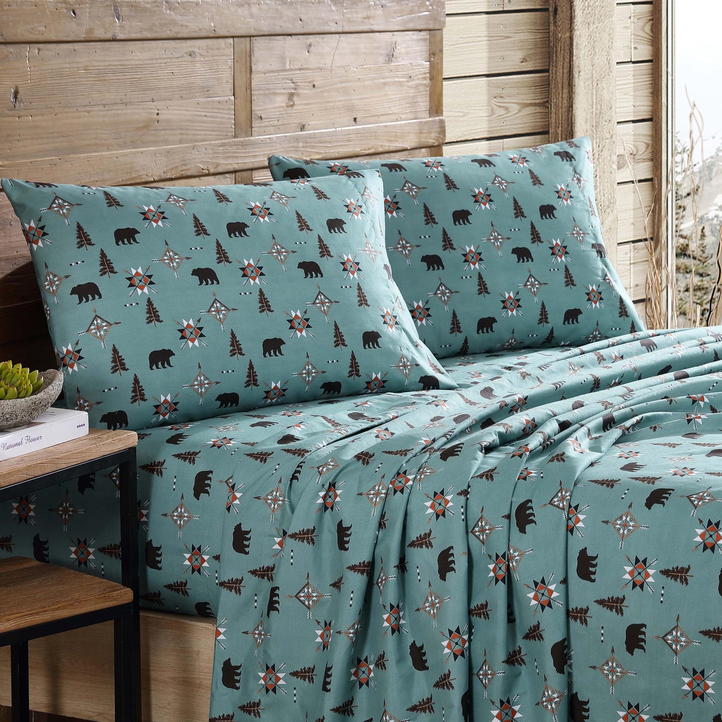 Beatrice Home Fashions Cozy Cabin 3-Piece Twin Microfiber Bedding Sheet Set with Deep Pockets Rustic Patchwork Plaid Deer, Wilderness Bears
