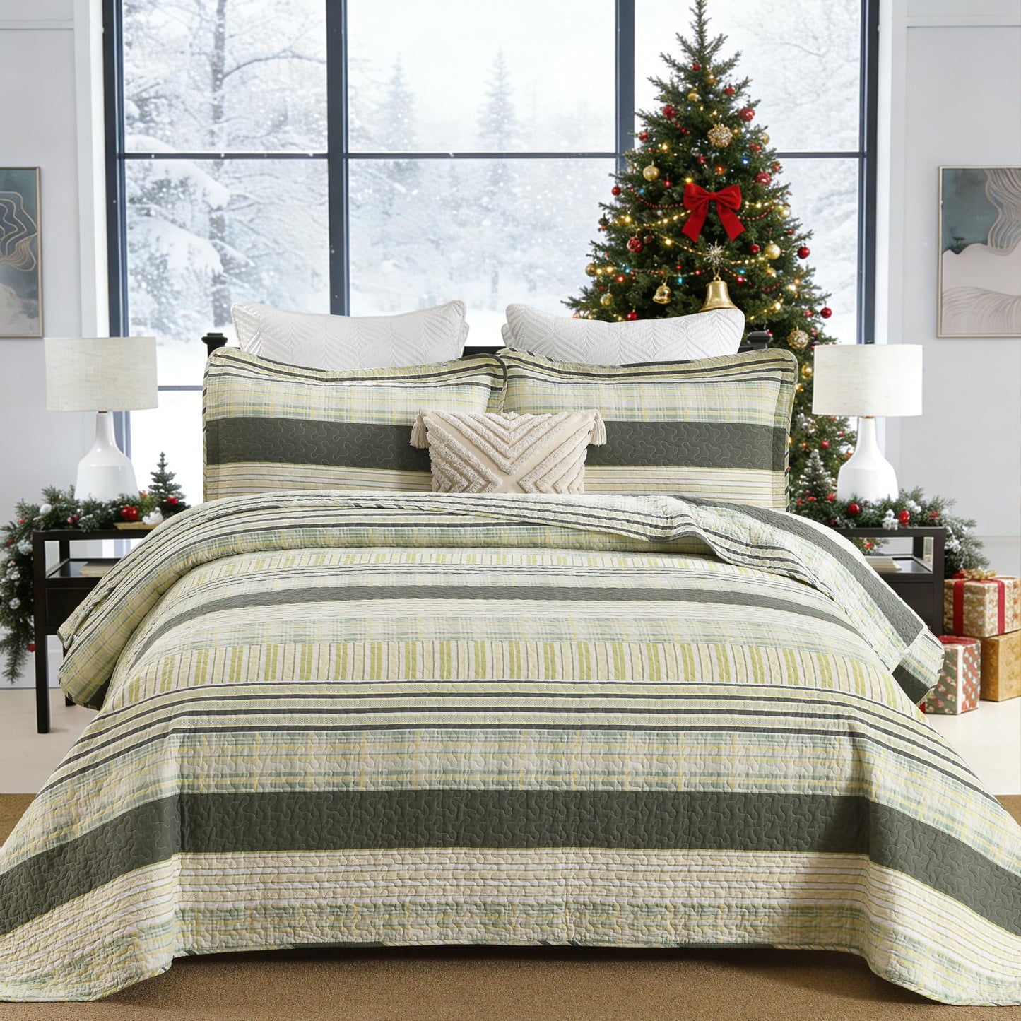 Homzard 100% Cotton Quilt King Size, Green Yellow Striped Plaid Quilt Bedding Set,Olive Green Lightweight Soft Farmhouse Bedspread Coverlet,Summer Spring Lightweight King Size Comforter Set 3 Pieces