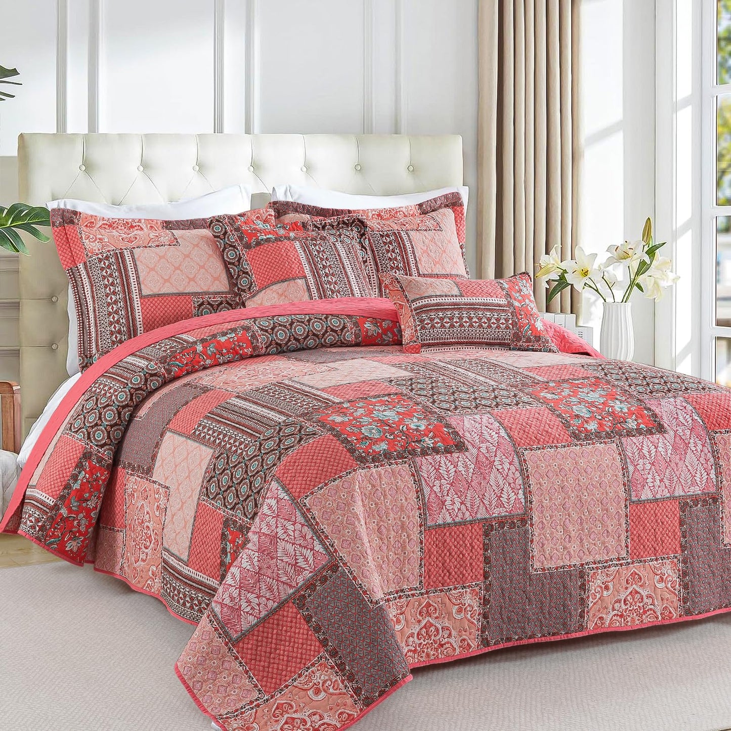 BEDIFANY Cotton Queen Quilt Set, Farmhouse Queen Size Quilt Bedding Set with 2 Pillow Shams, 3 PCs Lightweight Queen Size Bedspreads for Bed Decorations - All Seasons Coverlet Sets
