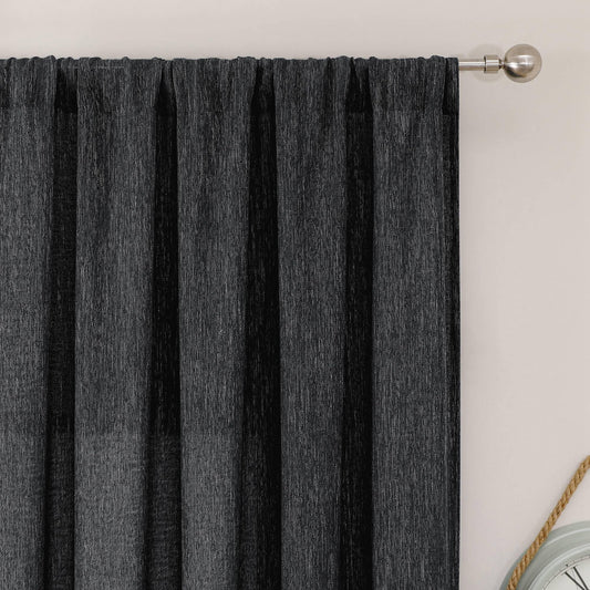 Simplebrand Black Faux Linen Textured Curtains 63 Inch Length 2 Panels for Bedroom, Semi Sheer Light Filtering Privacy Farmhouse Curtains, Soft Thick Rod Pocket Window Drapes, 40W x 63L Inch