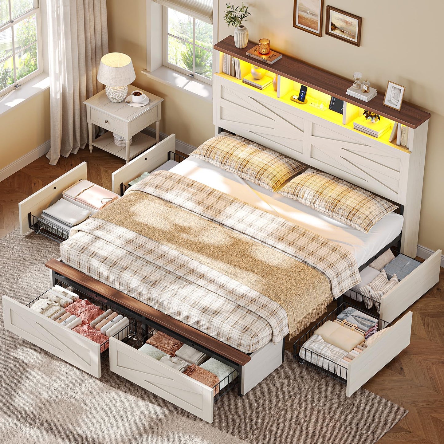 VIAGDO Full Size Bed Frame with 6 Drawers, Farmhouse Bed Frame with Barn Door Headboard and Storage, Wood Platform Bed Frame Full Size with Charging Station and LED Lights, No Box Spring Needed, White