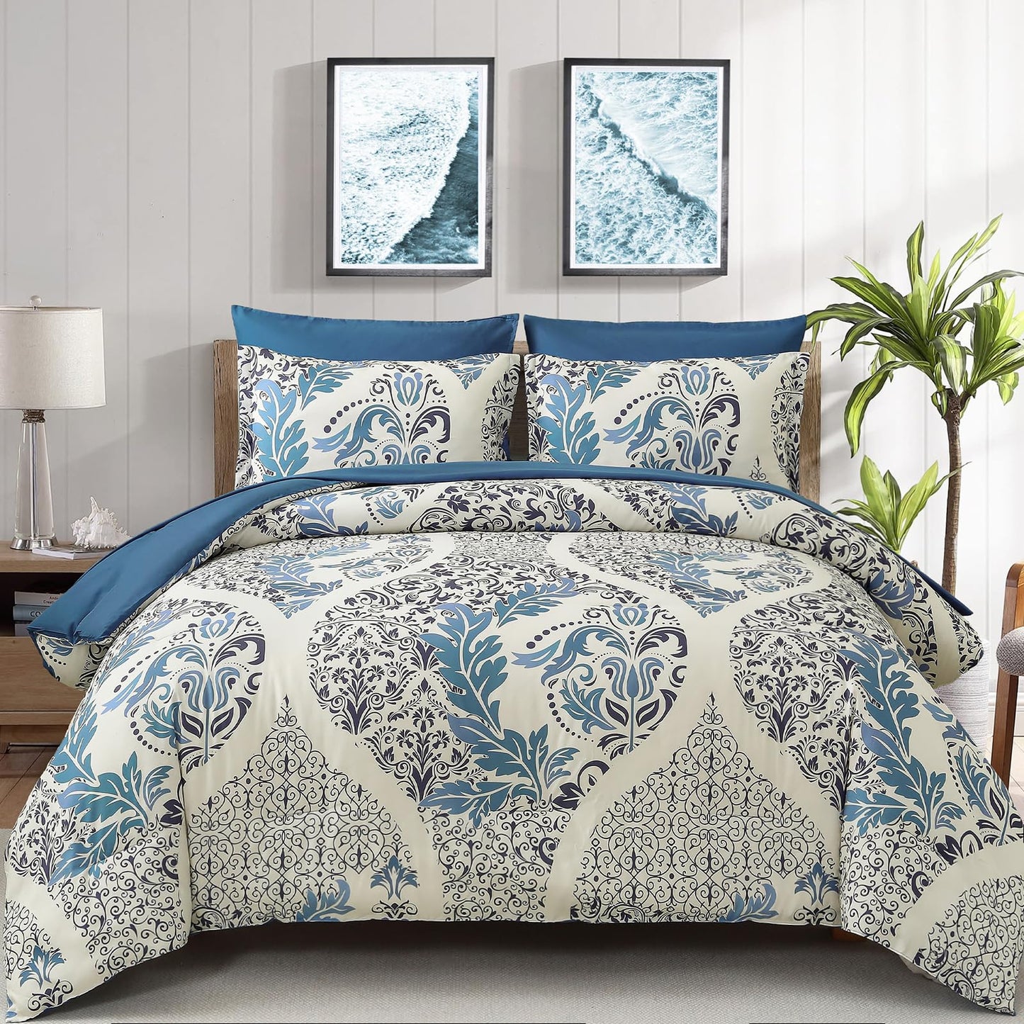 Anibedding Blue Comforter Set King Size, 7 Pieces Bohemian Damask Comforter Set Soft Lightweight Microfiber Bedding Set for All Season (104"x90")