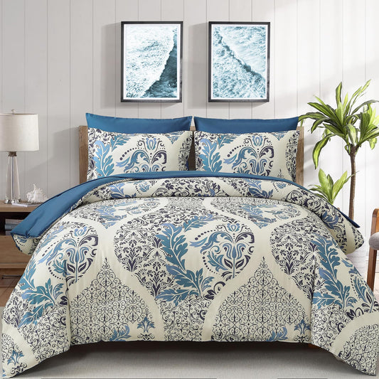 Anibedding Blue Comforter Set King Size, 7 Pieces Bohemian Damask Comforter Set Soft Lightweight Microfiber Bedding Set for All Season (104"x90")