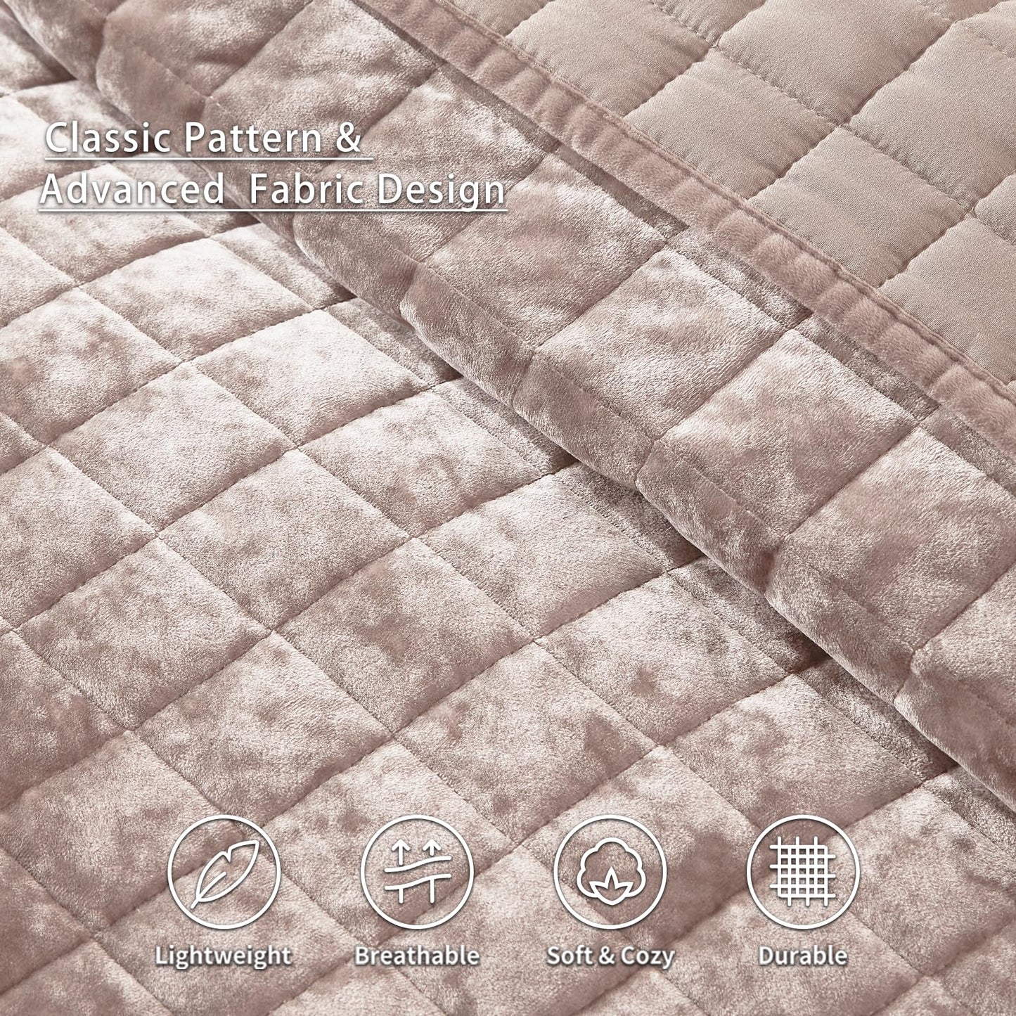 LEAONME Velvet Quilt California King-118''x106'', Lightweight Dusty Pink Comforter Set with 2 Pillow Shams, Soft Oversized Bedspread Coverlet Quilted Bedding Set for All Season