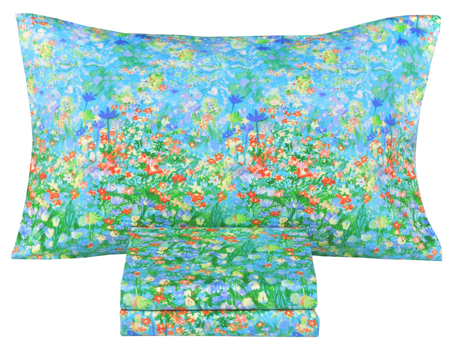 Scientific Sleep Green Garden Flower Lake Impressionism Cute Fun 100% Cotton Cozy Twin Bed Sheet Set, Flat Sheet & Fitted Sheet & Pillowcase Kids Girls Bedding Set (Green Garden, Twin)
