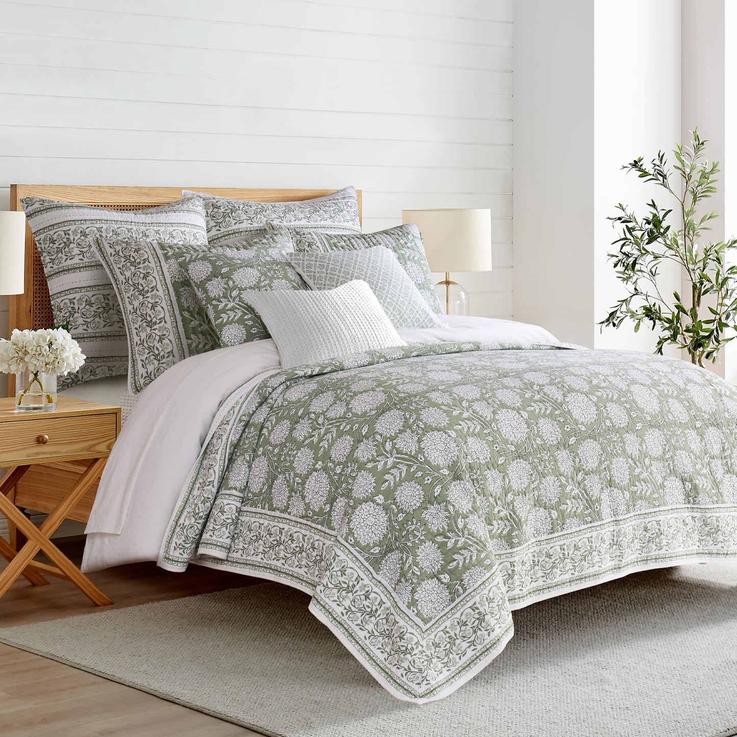 Levtex Home Adare Sage Reversible Full/Queen Quilt Set (88x92in) with 2 Pillow Shams (26x20in) - Floral Bedding - Sage White - Cotton Full/Queen Size Quilt Bedding Set - Lightweight, Soft, Pre-Washed