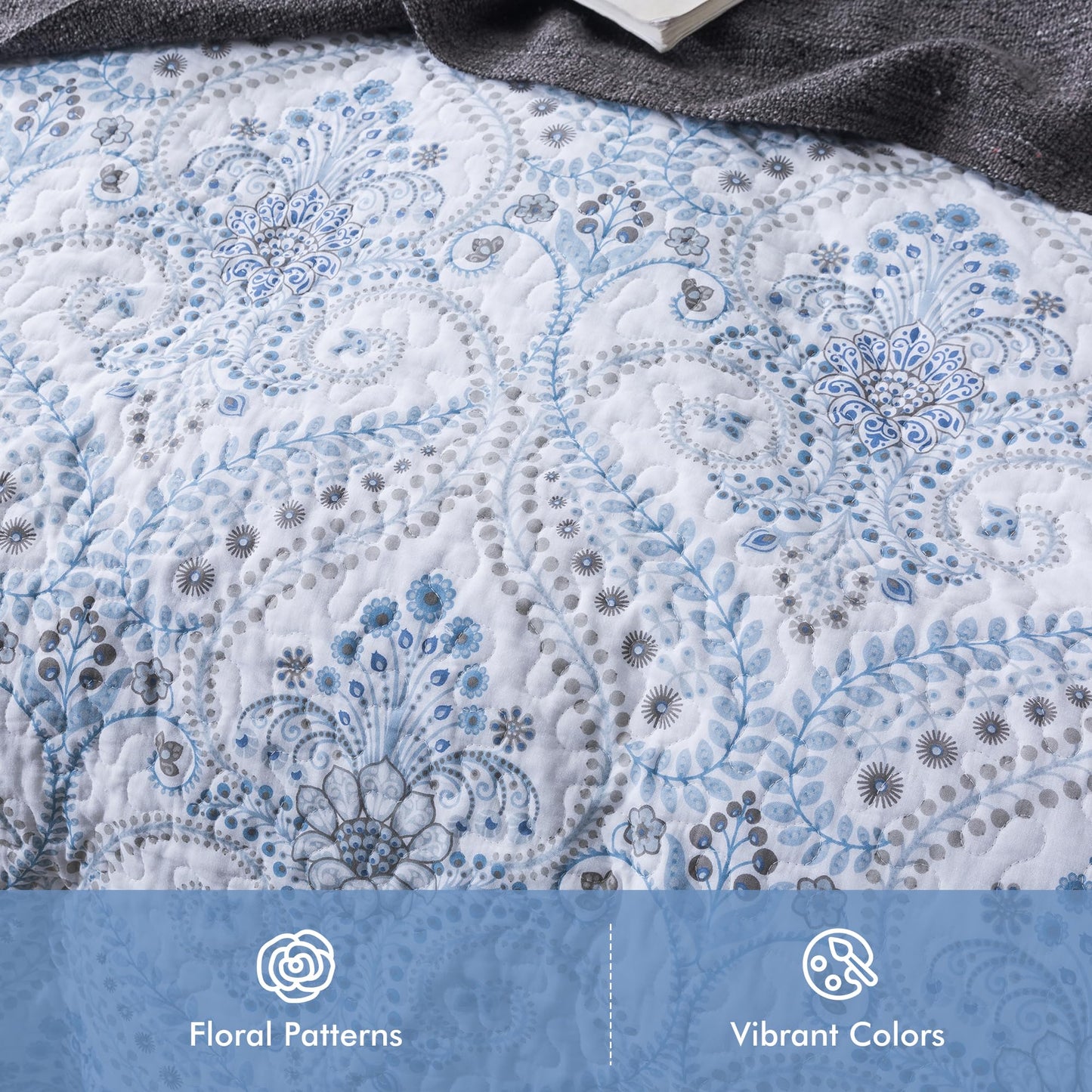 Etwel Lightweight Cotton Queen Size Quilt Set - Breathable Reversible Bedspread for Hot Sleepers, Farmhouse Floral Bedding Set with 2 Pillow Shams for All Season (90"x98", Paisley Blue)