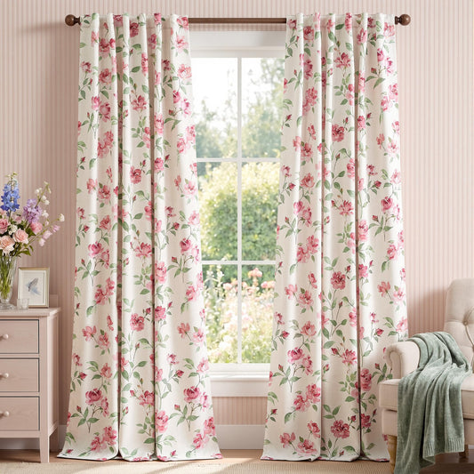 jinchan Pink Curtains Floral Blackout Curtains 96 Inch Length Watercolor Rose Cottagecore for Bedroom Living Room Room Darkening Drapes Romantic Vintage Decor Rod Pocket & Back Tab 2 Panels