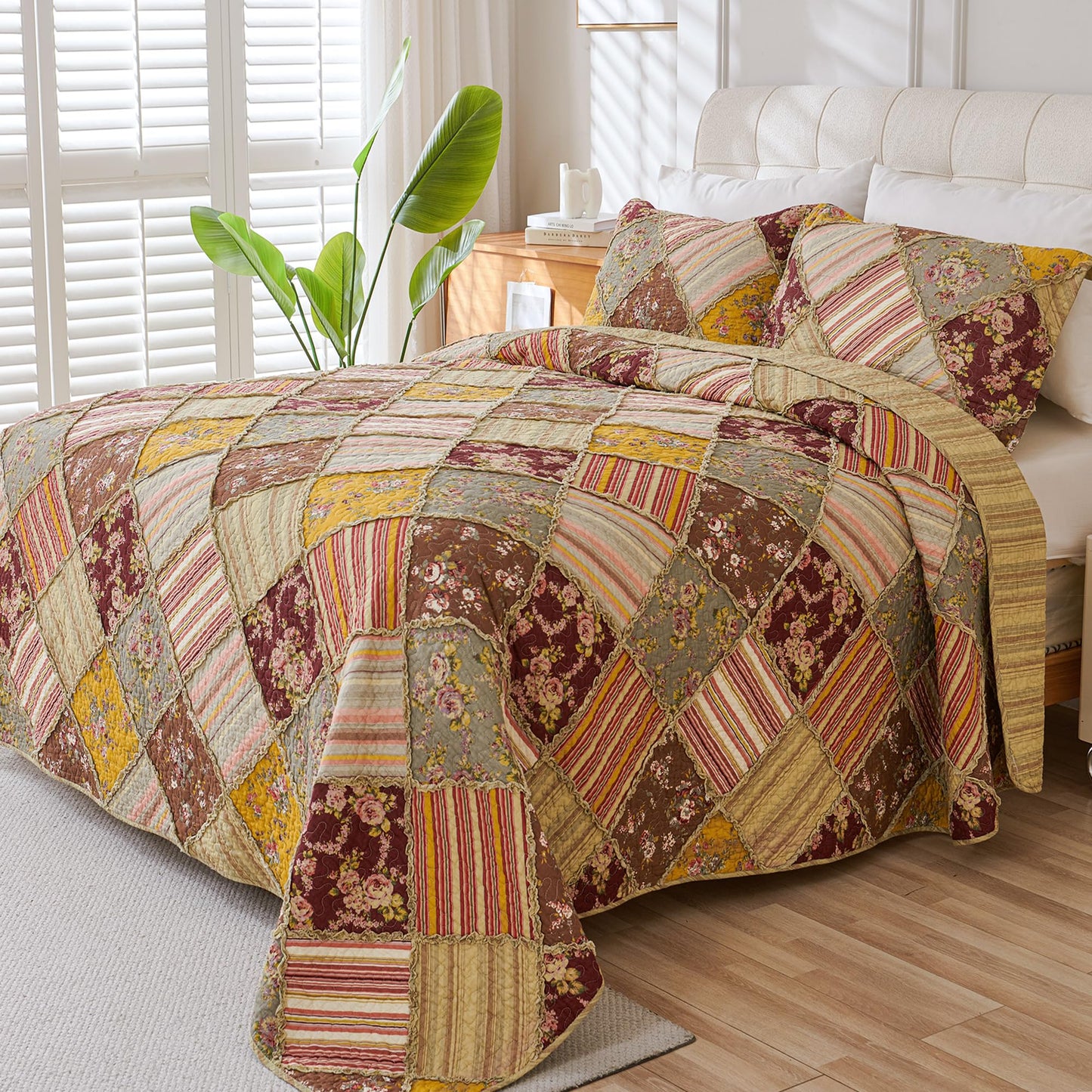 Cmfshape Floral Quilt Sets Bedspread Set 100% Cotton Patchwork Bedding Set, All Season Use Lightweight Reversible Coverlet Quilts with 2 Pillow Shams(Queen 90"x90")