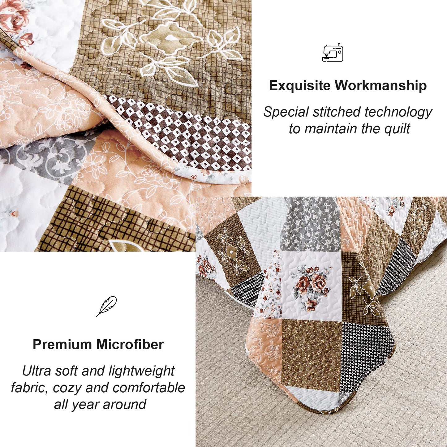 Dinjoy Floral Plaid Patchwork Quilt Set Queen Size, Reversible Brown Bedding Set Soft Microfiber Lightweight Bedspread Coverlet 3 Piece Spring Summer Fall Use (90x90 inches)