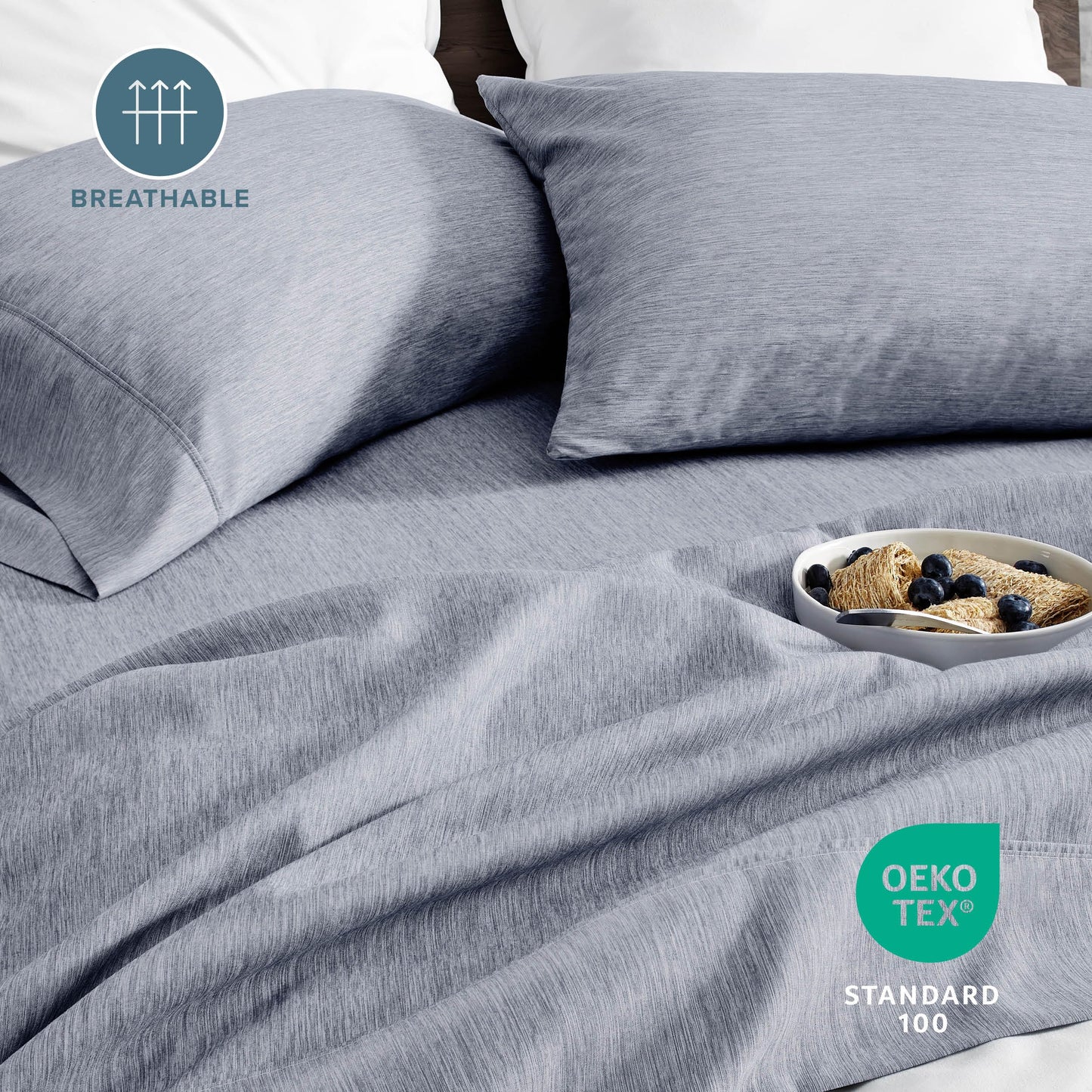 Bare Home Queen Sheet Set - Luxury 1800 Ultra-Soft Microfiber Queen Bed Sheets - Double Brushed - Deep Pockets - Easy Fit - 4 Piece Set - Bedding Sheets & Pillowcases (Queen, Heathered Blueberry)