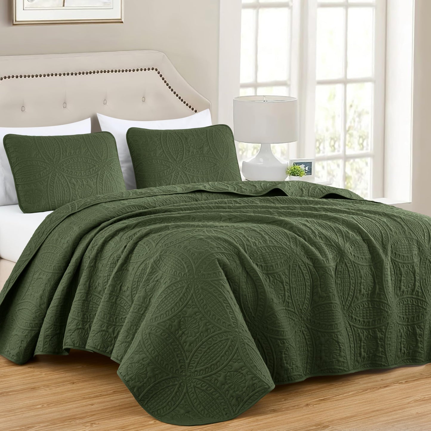 Chezmoi Collection Austin King Oversized Bedspread Set, 3-Piece Pinsonic Quilted Lightweight Microfiber Bedspread Coverlet, Olive Green