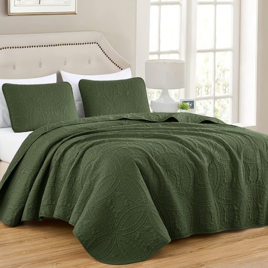 Chezmoi Collection Austin King Oversized Bedspread Set, 3-Piece Pinsonic Quilted Lightweight Microfiber Bedspread Coverlet, Olive Green