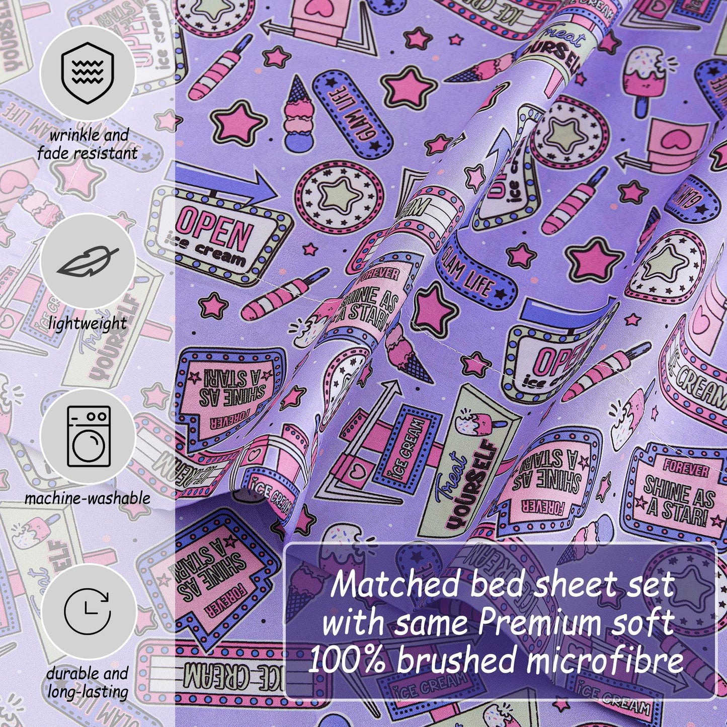 Softan Kids Bed Sheet Set, 4-Piece Full Size Sheets, Microfiber Fitted Sheet with 15 Inches Deep Pocket and Corner Straps, Breathable & Silky Soft Cool Girl Printed Sheet and Pillowcase Sets