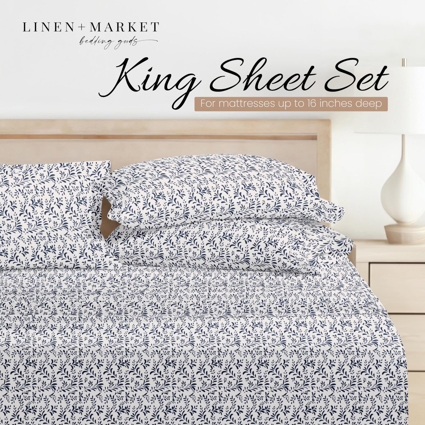 Linen Market 4 Piece King Sheet Set - Breathable, Double-Brushed Patterned Cooling Sheets – Oeko-TEX Certified Ultra Soft & Wrinkle-Free 16" Deep-Pocket King Sheets - Easy Care Burst of Vines Navy