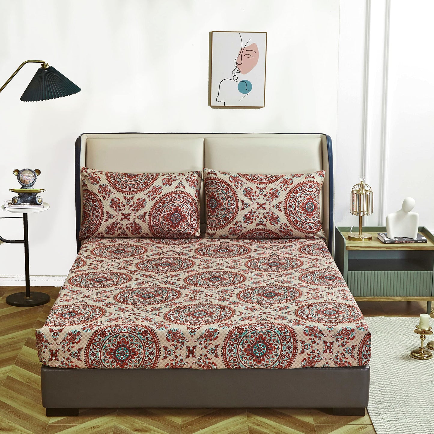 Tache Bohemian Mandala Fitted Sheet + Pillowcases - Retro Vintage Rustic Boho Chic Medallion Paisley Boteh 15-inch Deep Pocket Bed Sheet, 3 Piece Set, Cal King