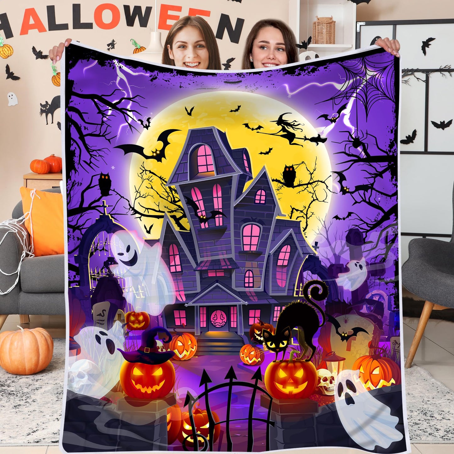 Halloween Blanket, Spooky Ghosts Blanket for Women, Castle Jack-O-Lantern Pumpkins Soft Flannel Fleece Throw Blankets for Kids Bed Living Room Couch, 50x60 Inches, Purple for Girls Boys