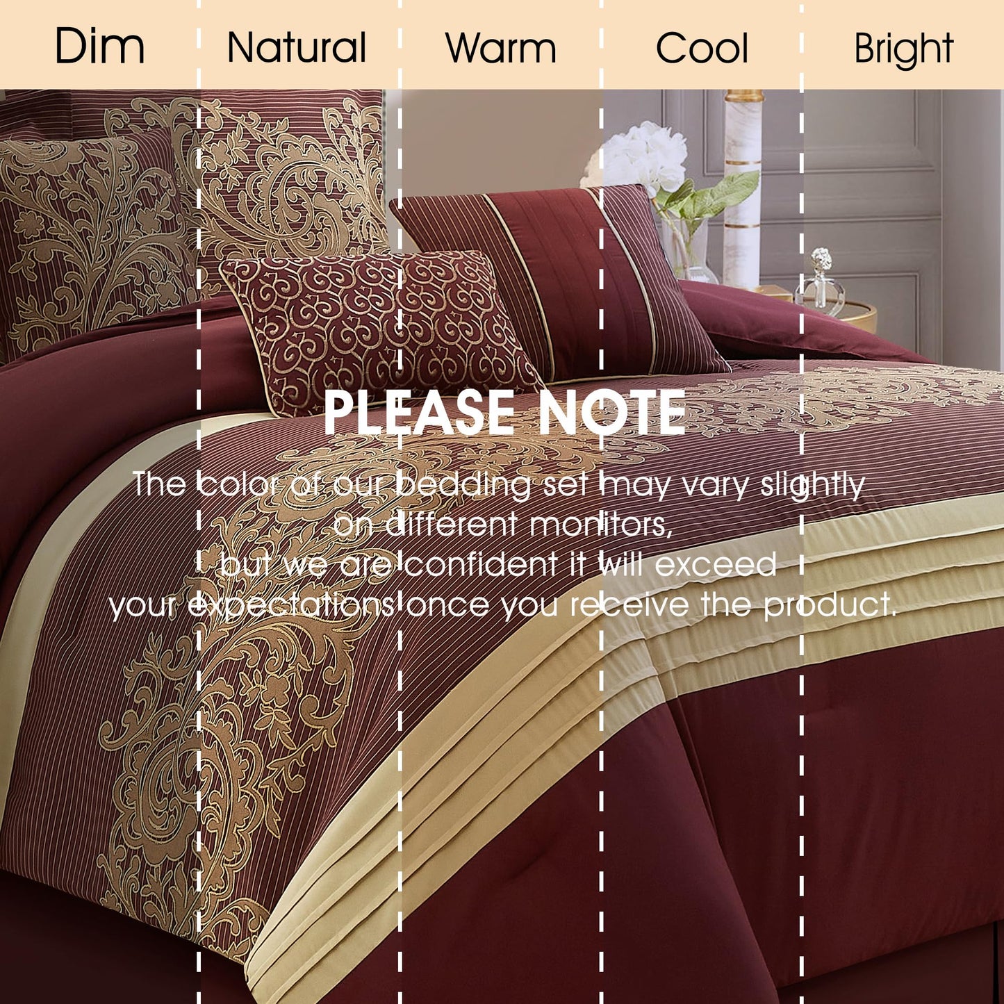LANCO MODERN LIFESTYLE Red Gold Comforter Set, Queen, Damask Jacquard with Matching Solid Piece Work, 7 Piece Soft Bedding Set for All Season, Bed Skirt, Pillow Shams and Decorative Pillows