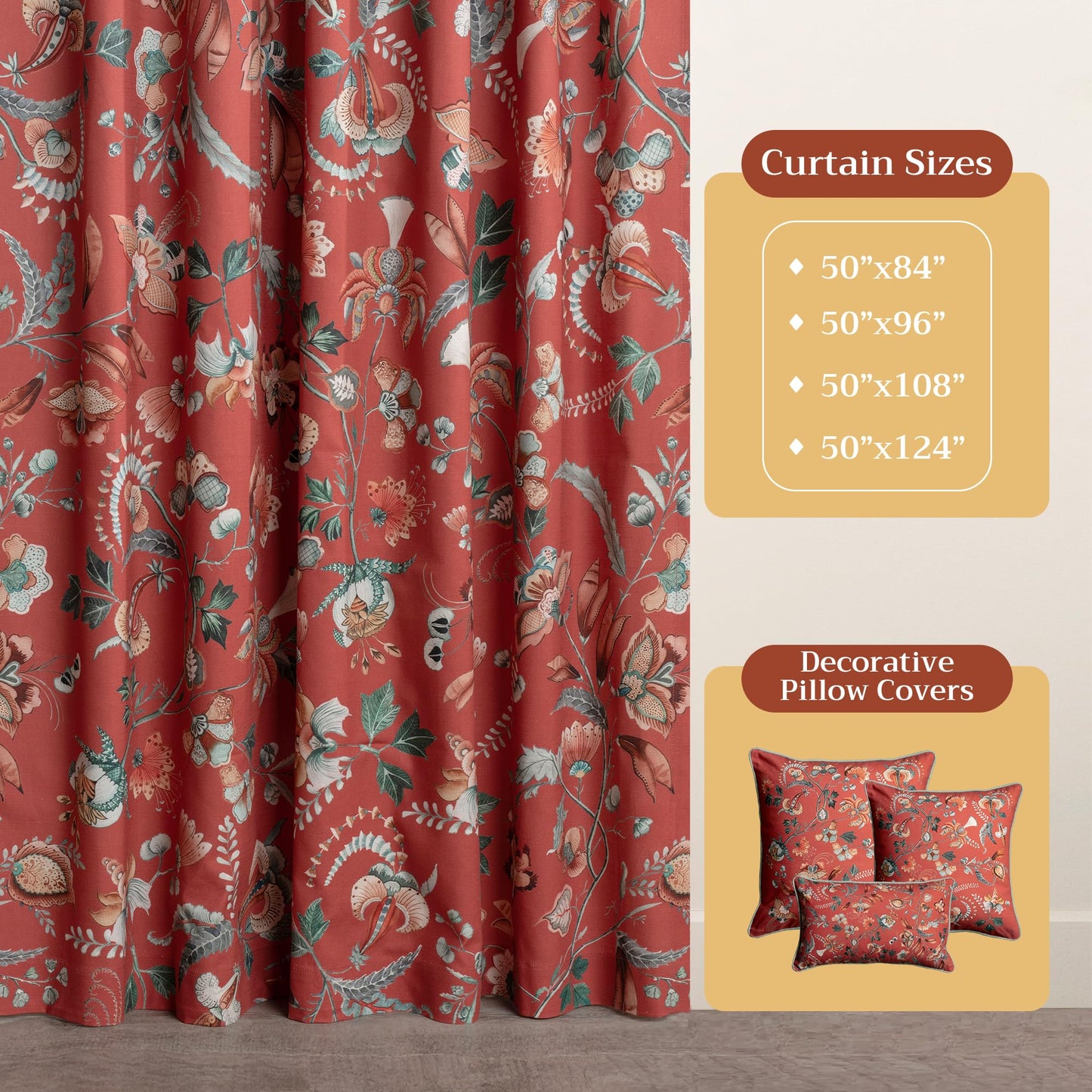 Maison d' Hermine Curtains for Living Room 100% Cotton 96 inch Length One Panel Light Filtering Curtains for Windows with Rod and Loop Pockets Spring Summer (Dalida - Terracotta, 50" W x 96" L)