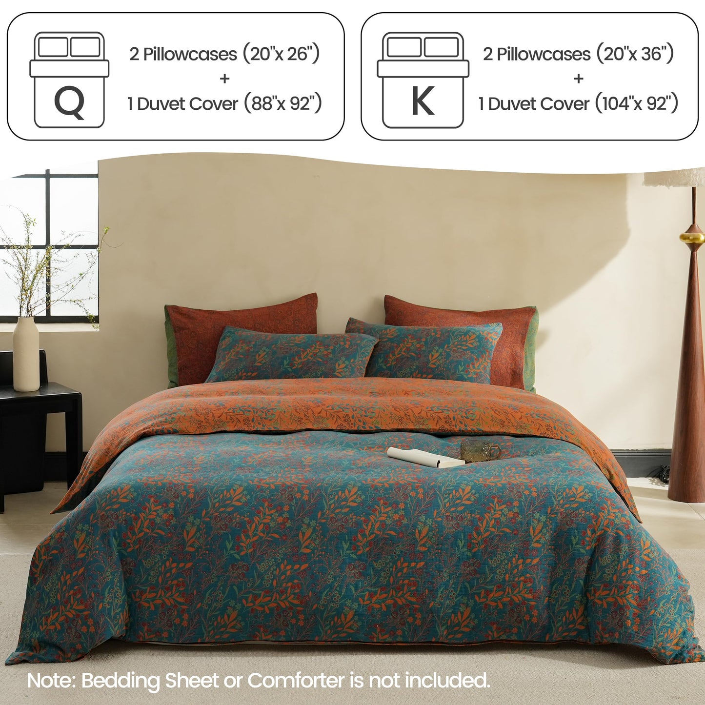 BISELINA 100% Cotton Muslin Duvet Cover Set Queen, 3 Pcs Yarn-Dyed Jacquard Textured Reversible Floral Design, Soft and Breathable Bedding Set with Zipper Closure, Blue Orange