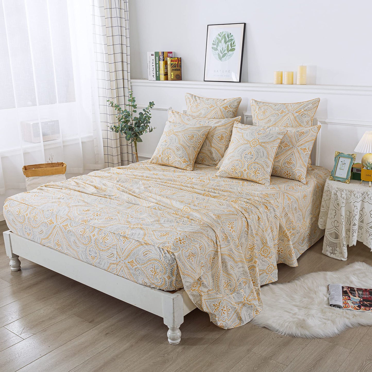 FADFAY Luxury Sheets Set Full Classical Damask Paisley Bedding Luxurious Gold Classy Paisley Bed Sheet Set Breathable 100% Cotton Ultra Soft Hypoallergenic Deep Pocket Fitted Sheet 4Pcs, Full Size